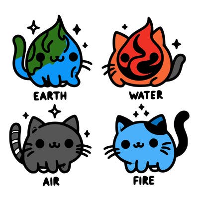 4 cats that represent the different elements, earth, water, air, and fire