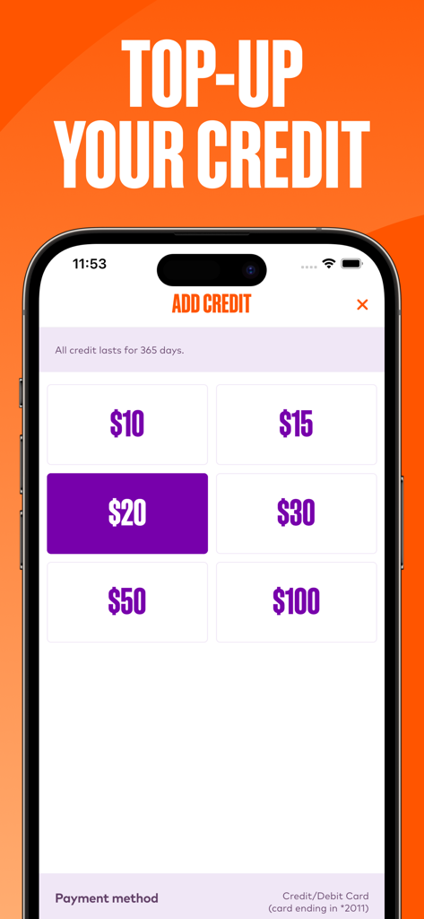 Amaysim mobile app screen for adding prepaid credit with options from 10 to 100 dollars