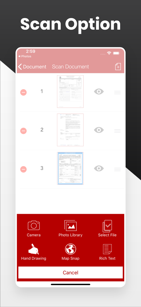 PDF Maker Pro:Splitter,Merger - Mobile app interface of PDF Maker Pro displaying document scanning options and sources like camera, photo library, and map snap