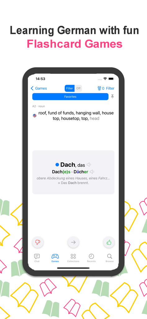 Bildschirm einer mobilen App, der ein deutsches Vokabel-Lernkartenspiel für das Wort Dach zeigt