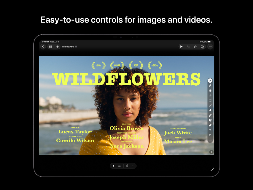 Pixelmator Pro on iPad showing professional graphic design and photo editing tools.