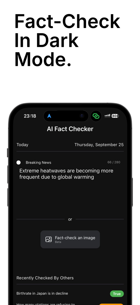 AI Fact Checker App - AI Fact Checker mobile app interface showing news verification in dark mode