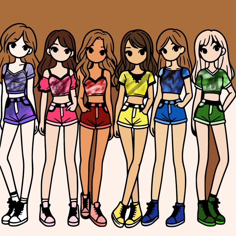 a group of girls wearing crop tops and shorts