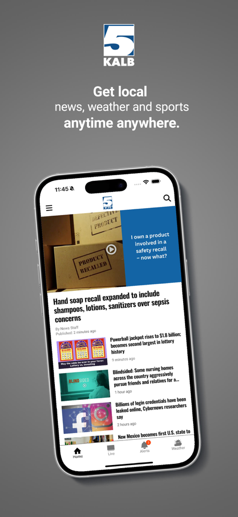 Interfaz de la aplicación móvil KALB-TV Canal 5 mostrando titulares de noticias locales