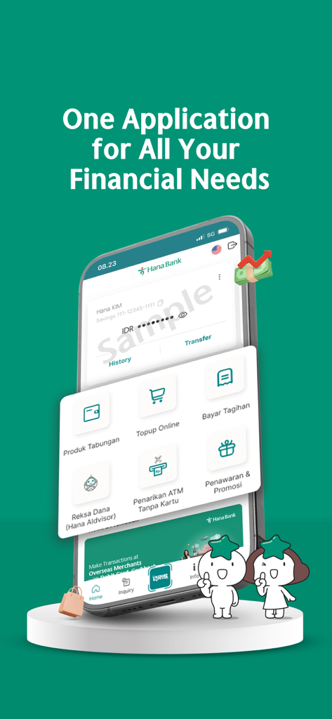 様々な金融サービスと口座概要が表示されているMyHanaモバイルバンキングアプリのディスプレイ。