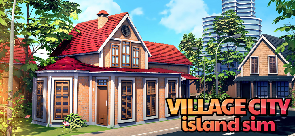 Village City Island Simulation - A brick house and a modern skyscraper in Village City Island Simulation