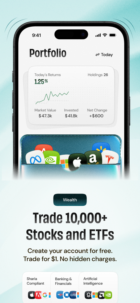 Sav app interface showing a portfolio summary and an offer to trade over 10000 stocks and ETFs starting from 1 dollar