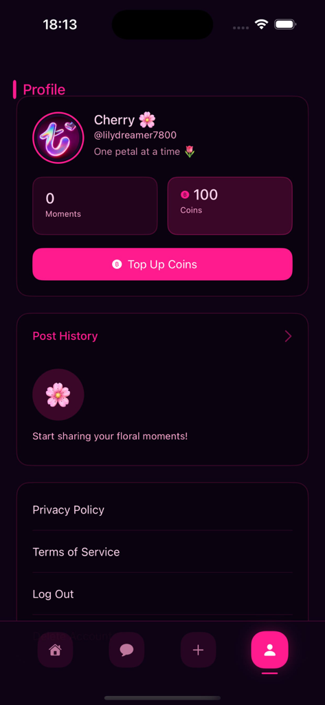 User profile screen of Toema app showing account details and post history with a minimalist dark pink theme
