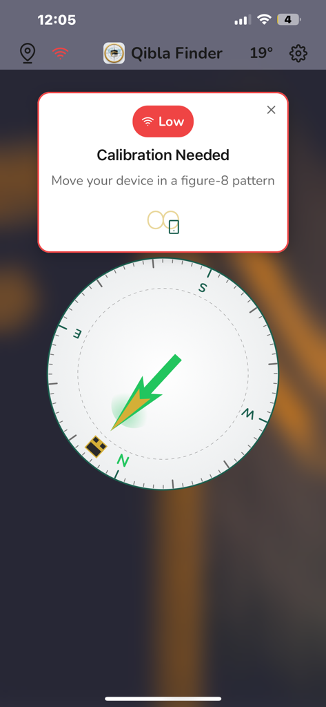 Qibla Finder One - A minimalist Qibla compass app interface showing a calibration needed popup with a figure-8 pattern instruction.