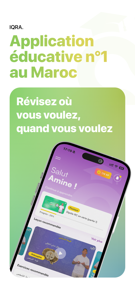 IQRA educational app interface showing student dashboard with XP points and recommended lessons