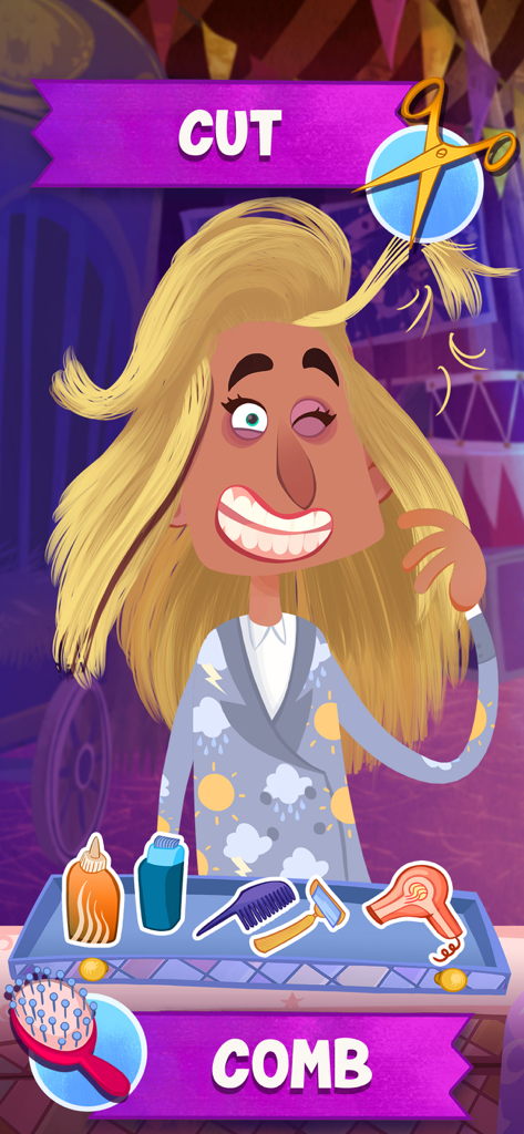 Un personaje de dibujos animados afeitándose con tijeras y varias herramientas de estilismo en la aplicación Salón de Peluquería Retrato Familiar.