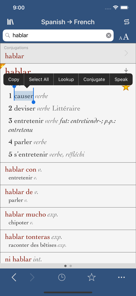 Translation and synonyms for the Spanish verb hablar in the Ultralingua French-Spanish app