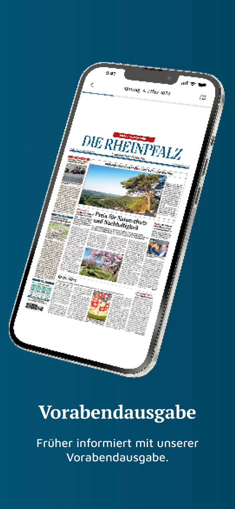 DIE RHEINPFALZ – Nachrichten - Pantalla de smartphone que muestra la edición vespertina digital de la aplicación de noticias Die Rheinpfalz