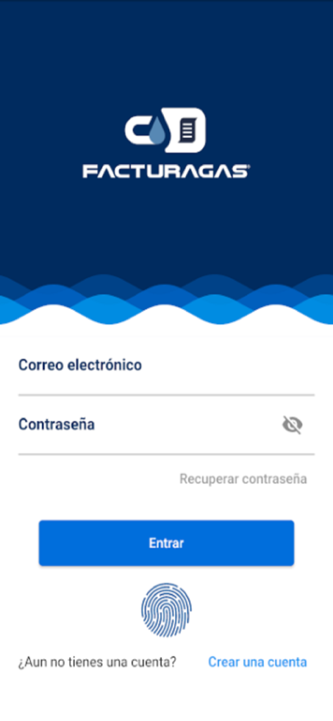 FacturaGAS mobile App Anmeldebildschirm mit E-Mail- und Passwortfeldern und einem biometrischen Fingerabdrucksymbol