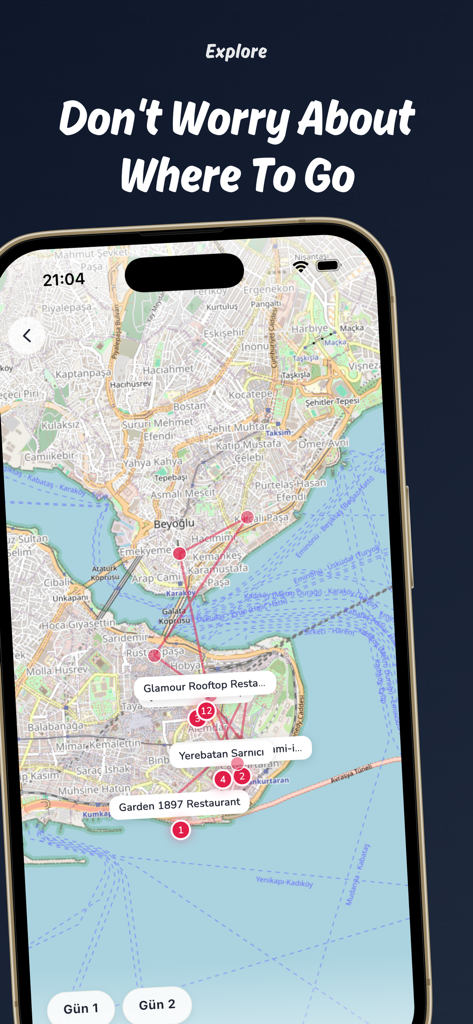 Next Trip: AI Trip Planner - Interfaz de mapa de la aplicación Next Trip que muestra un itinerario de viaje con marcadores de ubicación y rutas