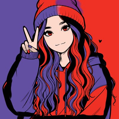 a teenage girl in a beanie, oversized sweatshirt, wavy long hair, and is showing a ✌️