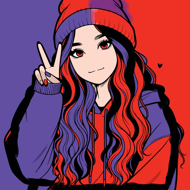 a teenage girl in a beanie, oversized sweatshirt, wavy long hair, and is showing a ✌️