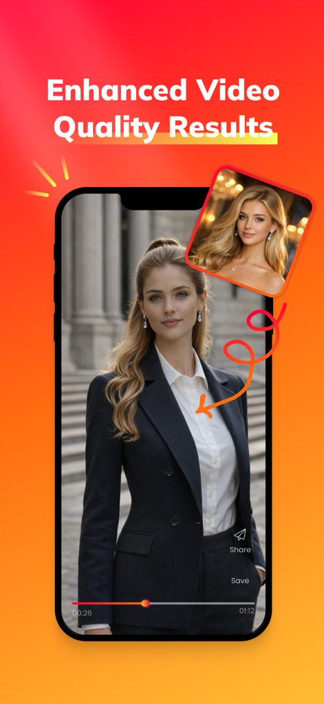 Morphio AI app interface showing high quality video transformation of a woman in a professional suit