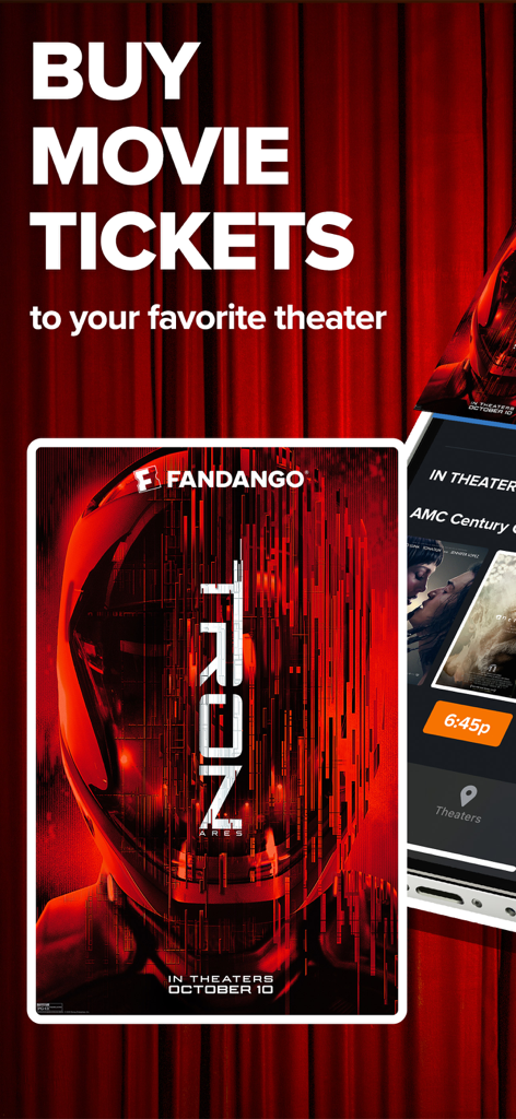 Fandango - Get Movie Tickets - Interfaccia dell'app Fandango che mostra il poster del film Tron Ares e le opzioni di biglietteria cinematografica