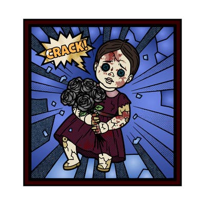 creepy broken doll holding black roses