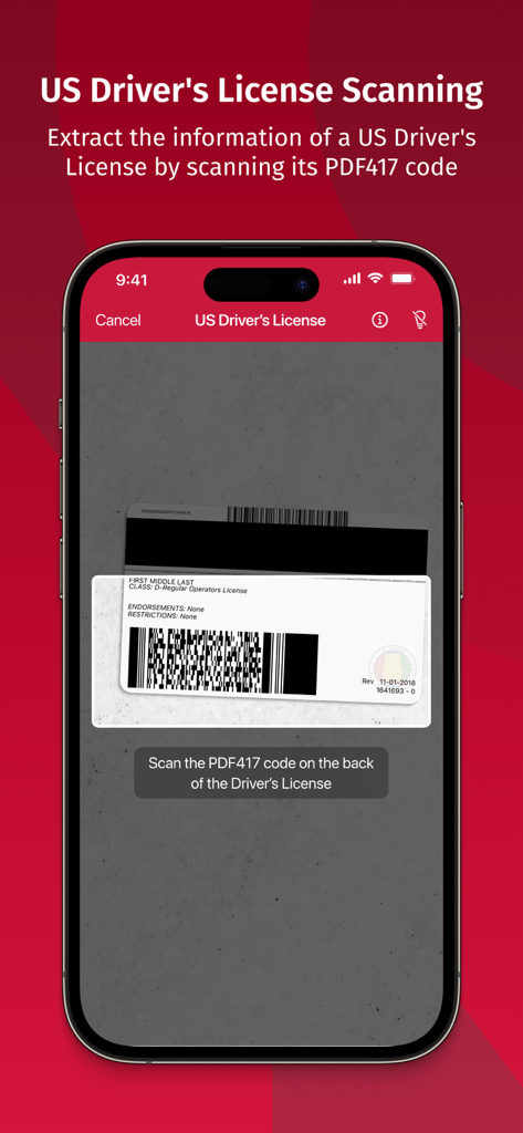 Scanbot SDK app interface demonstrating US driver license barcode scanning for data extraction