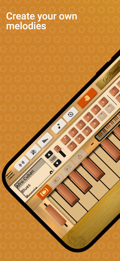 Trombone Sim - Trombone Sim mobile app screen showing options to create melodies and select musical genres