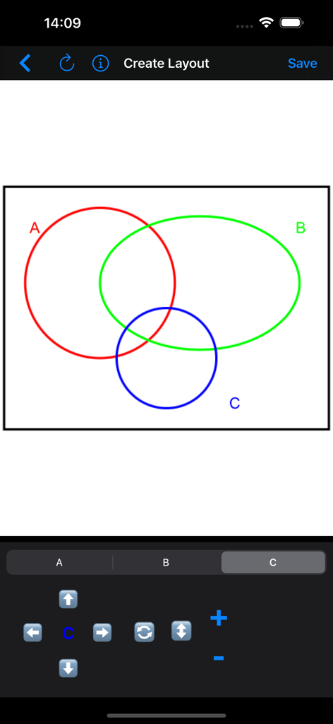 Venn Diagram Shader - Interfaz de la aplicación Shader de Diagramas de Venn que muestra un creador de diseño personalizado para tres conjuntos superpuestos etiquetados A B y C