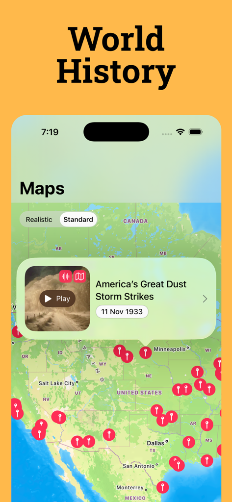 History Days: Stories & Videos - Un'interfaccia di mappa interattiva nell'app History Days che mostra una scheda di evento storico per la Grande Tempesta di Polvere d'America
