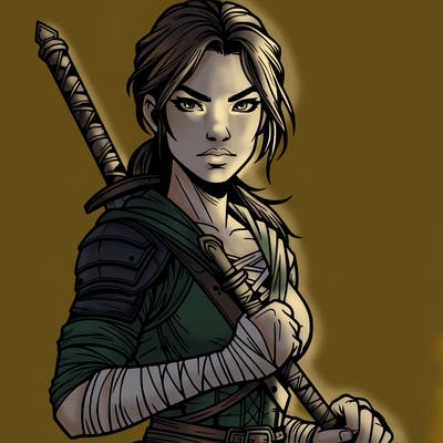 female warrior who looks fierce and strong realistic  with a weapon