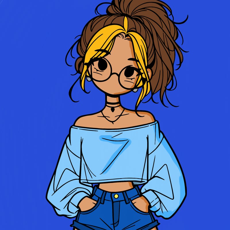 girl with a messy ponytail glasses a baggy crop top and jean shorts