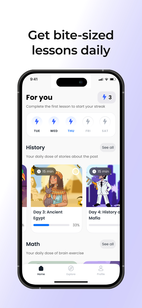 MyGrowth app home screen displaying micro-learning lessons and daily progress streaks