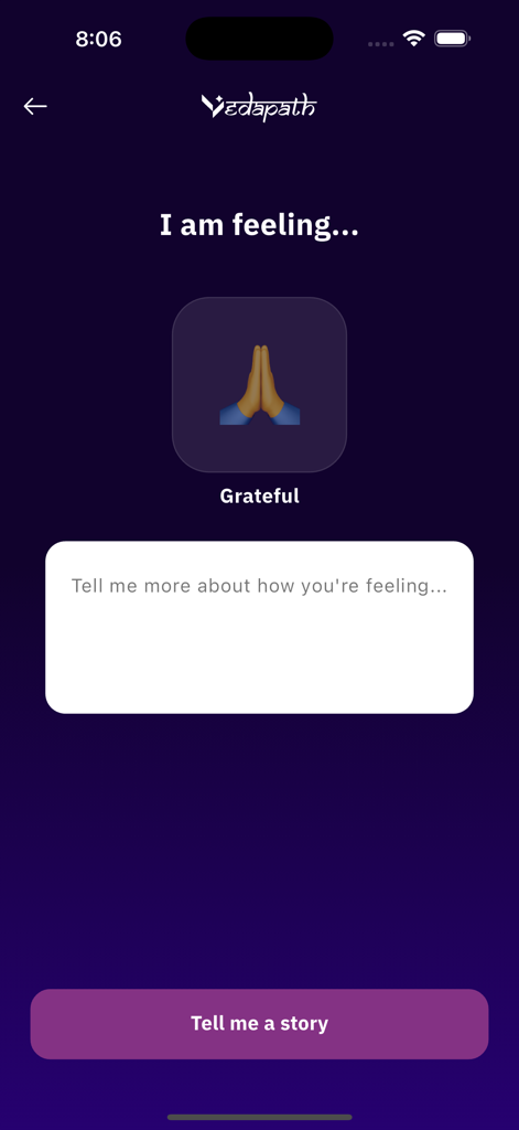 Vedapath app interface showing the emotional guidance feature where users can input their feelings and receive a story from ancient texts.