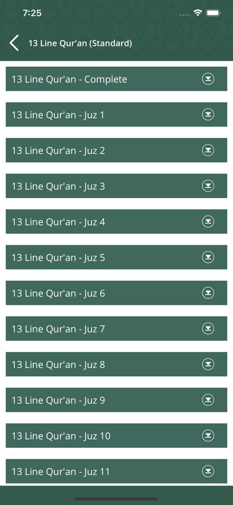 Haramain Recordings - Haramain Recordings app interface displaying a list of 13-line Quran Juz available for download