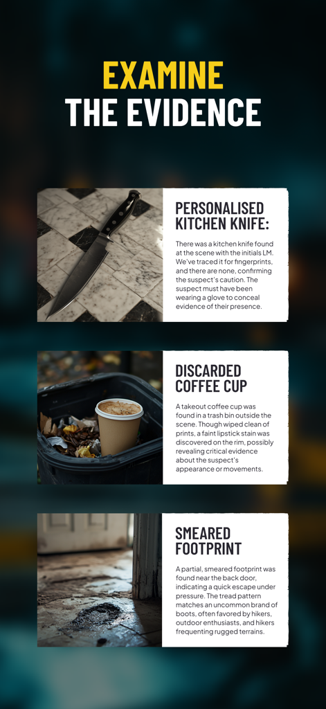 Solve:Crime & Murder Detective - A detective game interface showing evidence like a knife, coffee cup, and footprint to solve a crime.