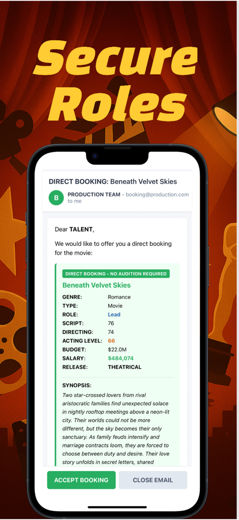 ActorLife-Actor Life Simulator - A screenshot of ActorLife showing an email offer for a lead movie role
