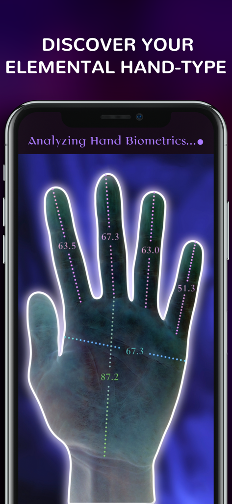 Palmist - AR Palm Reader - Smartphone screen showing the Palmist app analyzing hand biometrics using augmented reality to determine elemental hand type