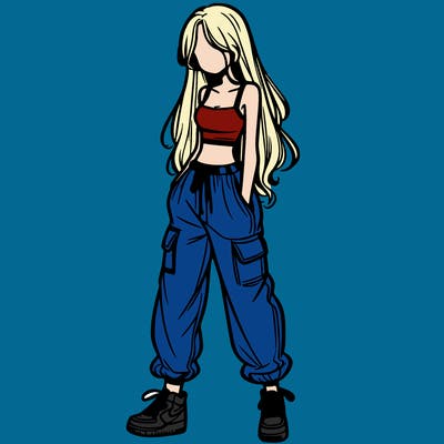 girl in baggy pants crop top and long hair