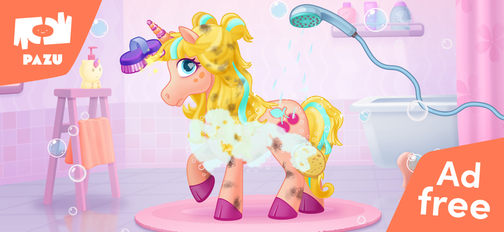 Magical Unicorn World - A dirty yellow unicorn being washed with soap and a showerhead in a pet care game