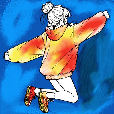 realistic girl jumping with a bun and oversized sweatshirt