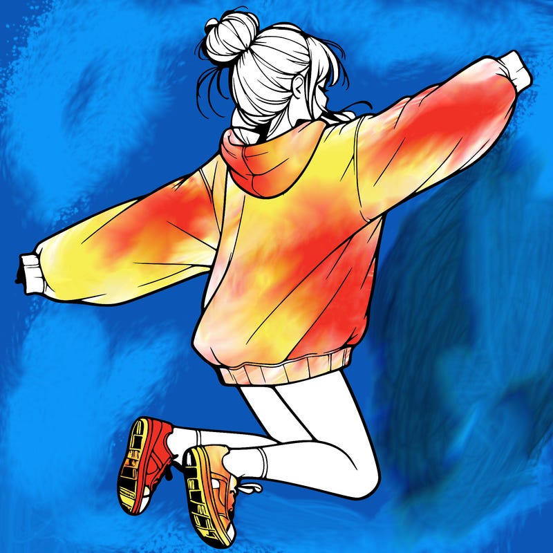 realistic girl jumping with a bun and oversized sweatshirt