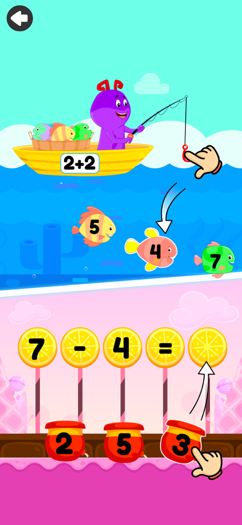 Educational math games for kids featuring addition and subtraction exercises.