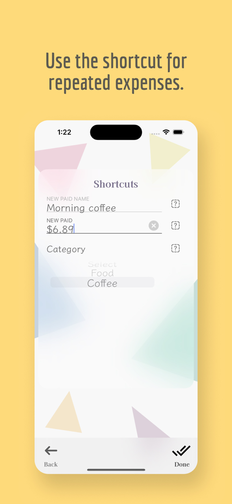 Minus - Simple Money Manager - Captura de pantalla de la aplicación Minus que muestra una interfaz de acceso directo para agregar un gasto recurrente como el café de la mañana