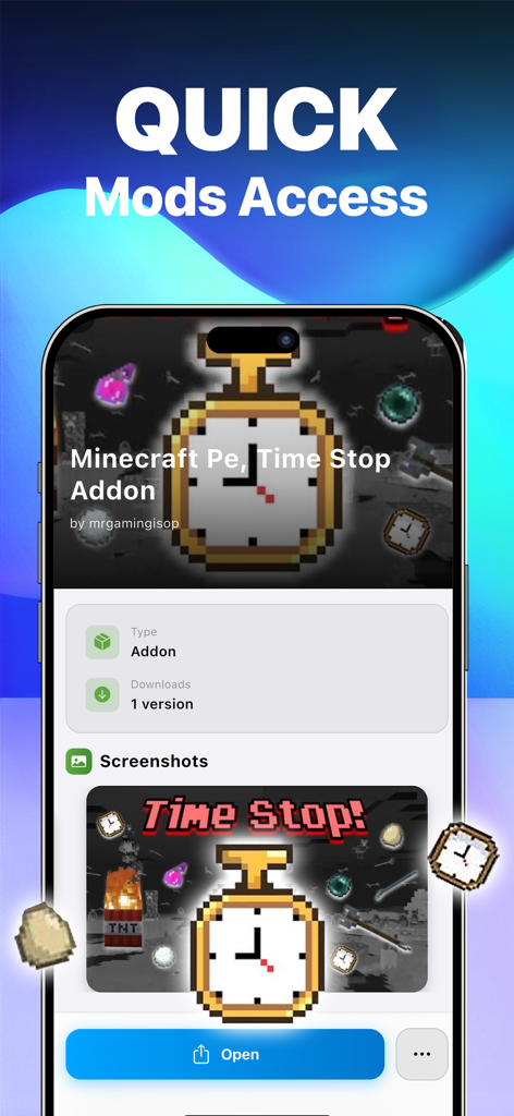 BlockHub app interface showing quick access to a Time Stop addon for Minecraft PE