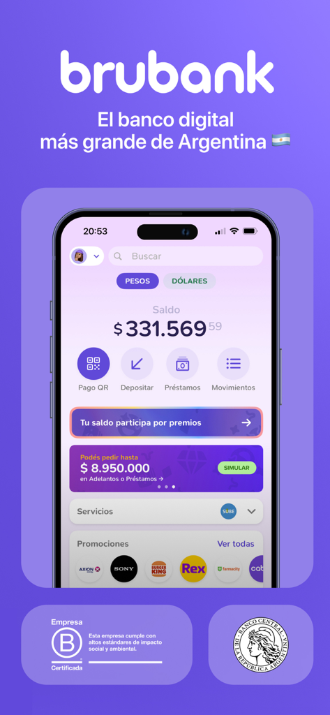 口座残高と銀行機能を示すiPhone上のBrubankアプリダッシュボード