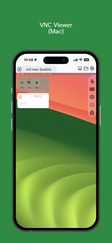 Xany app interface showing VNC Viewer for remote Mac desktop access on an iPhone