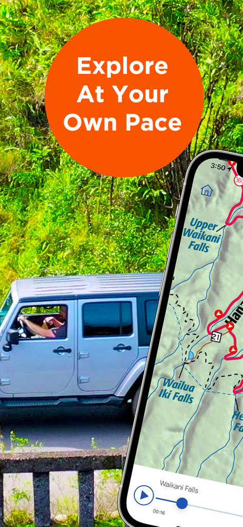 Smartphone displaying Maui Revealed GPS drive tour map next to a silver Jeep on a scenic road.