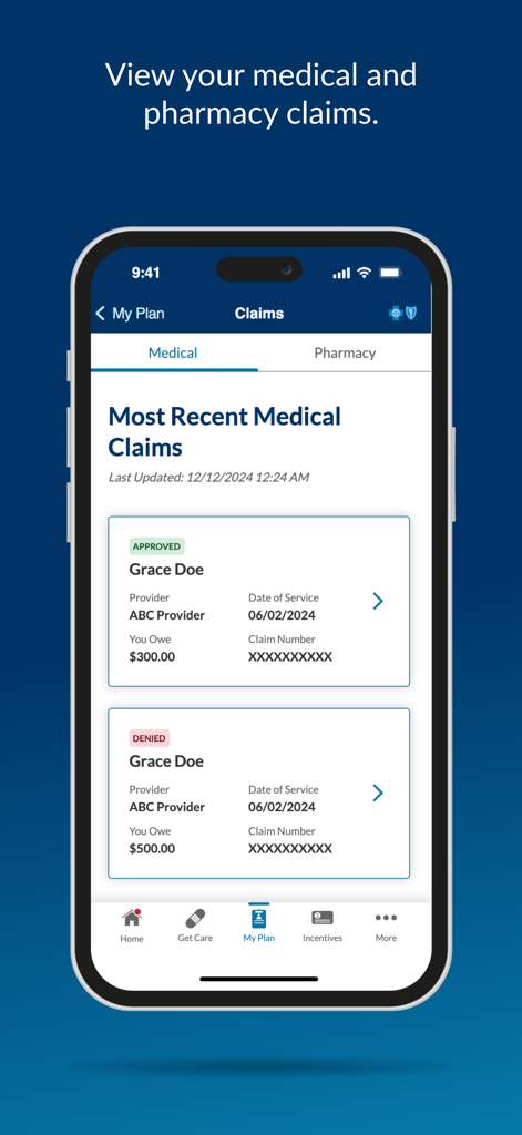 fepblue app interface showing a list of recent medical claims with status updates