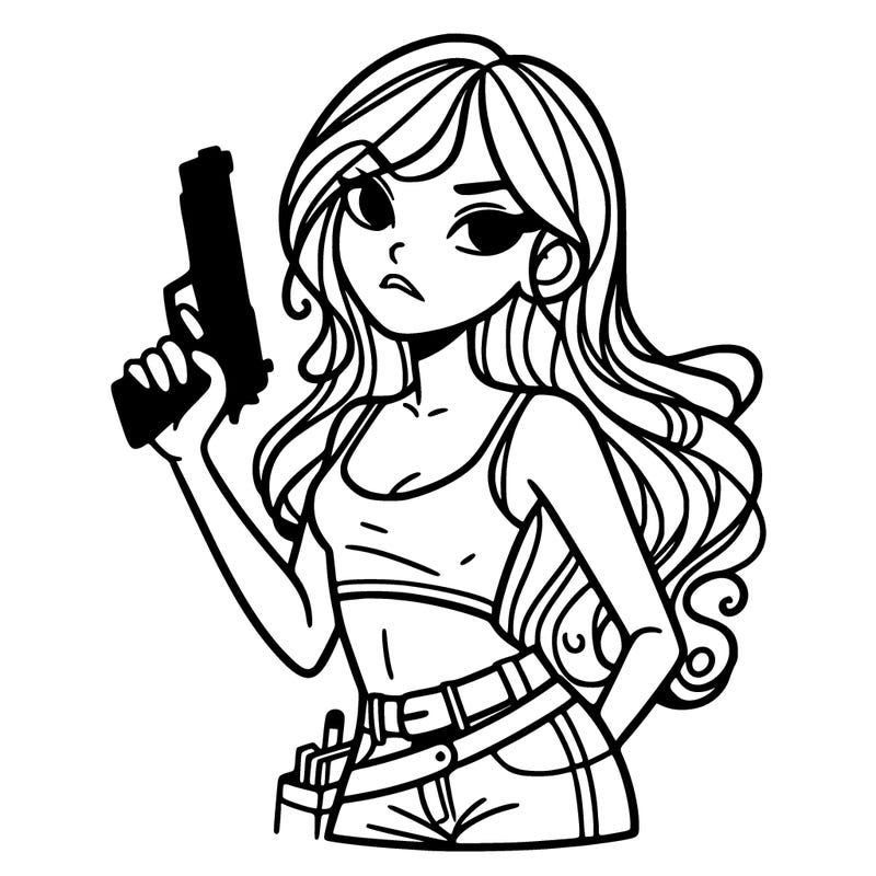 bad girl wearing crop top holding a gun long hair