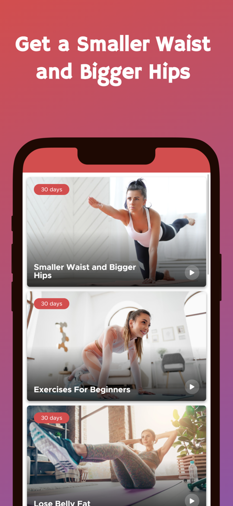 Workouts For Hourglass Figure - App interface showing 30-day workout challenges for an hourglass figure