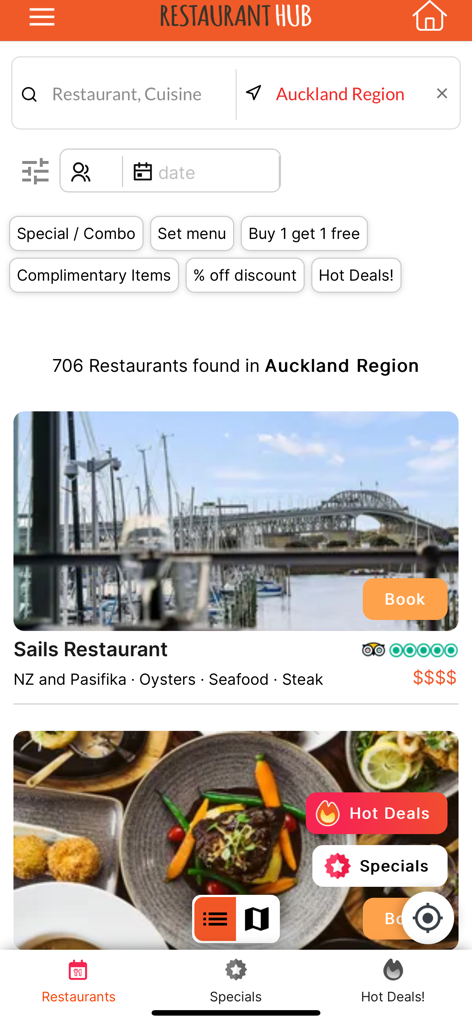 Restaurant Hub - For Customers - Restaurant Hub app interface showing dining deals and restaurant listings in Auckland